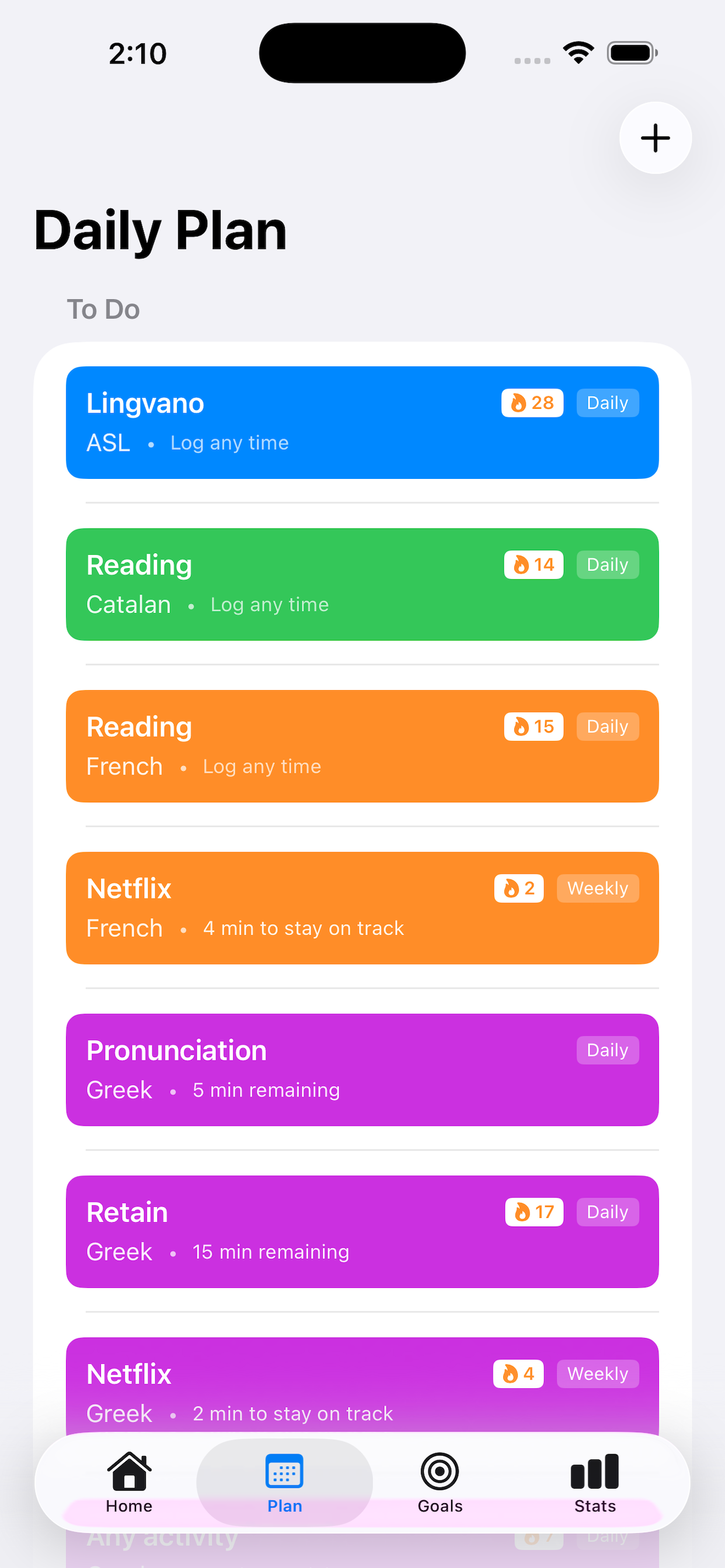 Goals screen showing pace